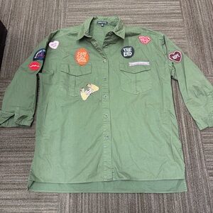 Kendall & Kylie Olive Green Button-Up Shirt with Patchwork Girly Patches Heart